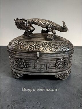 Vintage Asian Dragon Trinket Box ~ Silver Toned Ornate Jewelry Box
